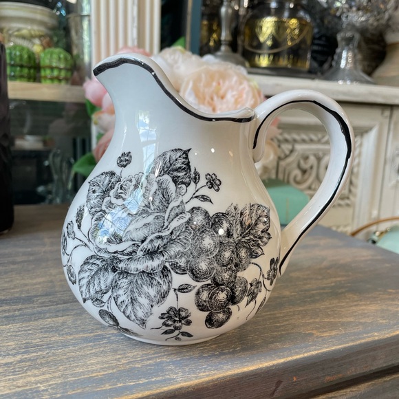 Toile white & black floral ceramic creamer pitcher French country cottage - Picture 3 of 7